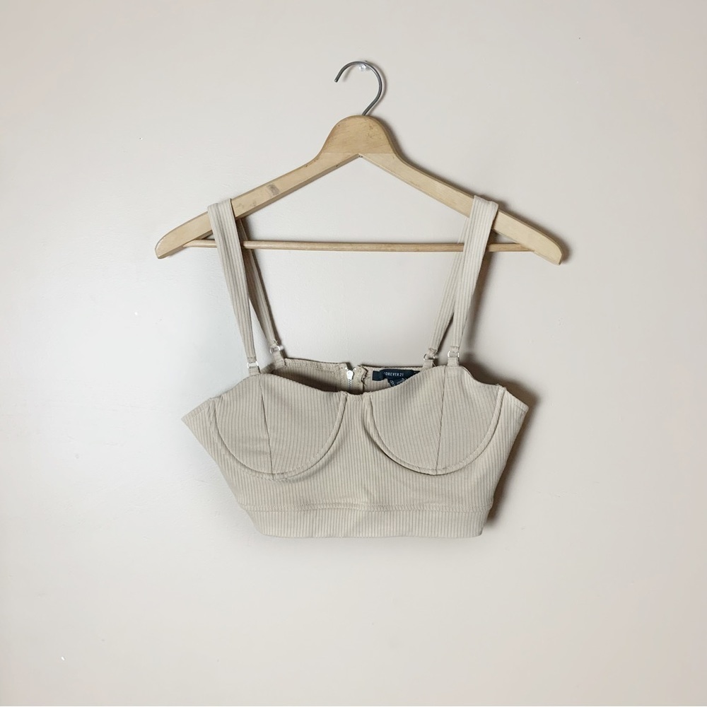 [Forever 21] Tan Ribbed Underwired Non Padded Back Zip Nude Sleeveless Crop Top